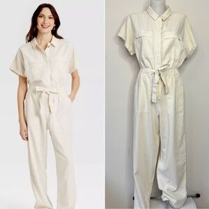 Universal Thread Short Sleeve Linen Blend Boilersuit Jumpsuit Ecru Cream Sz 6